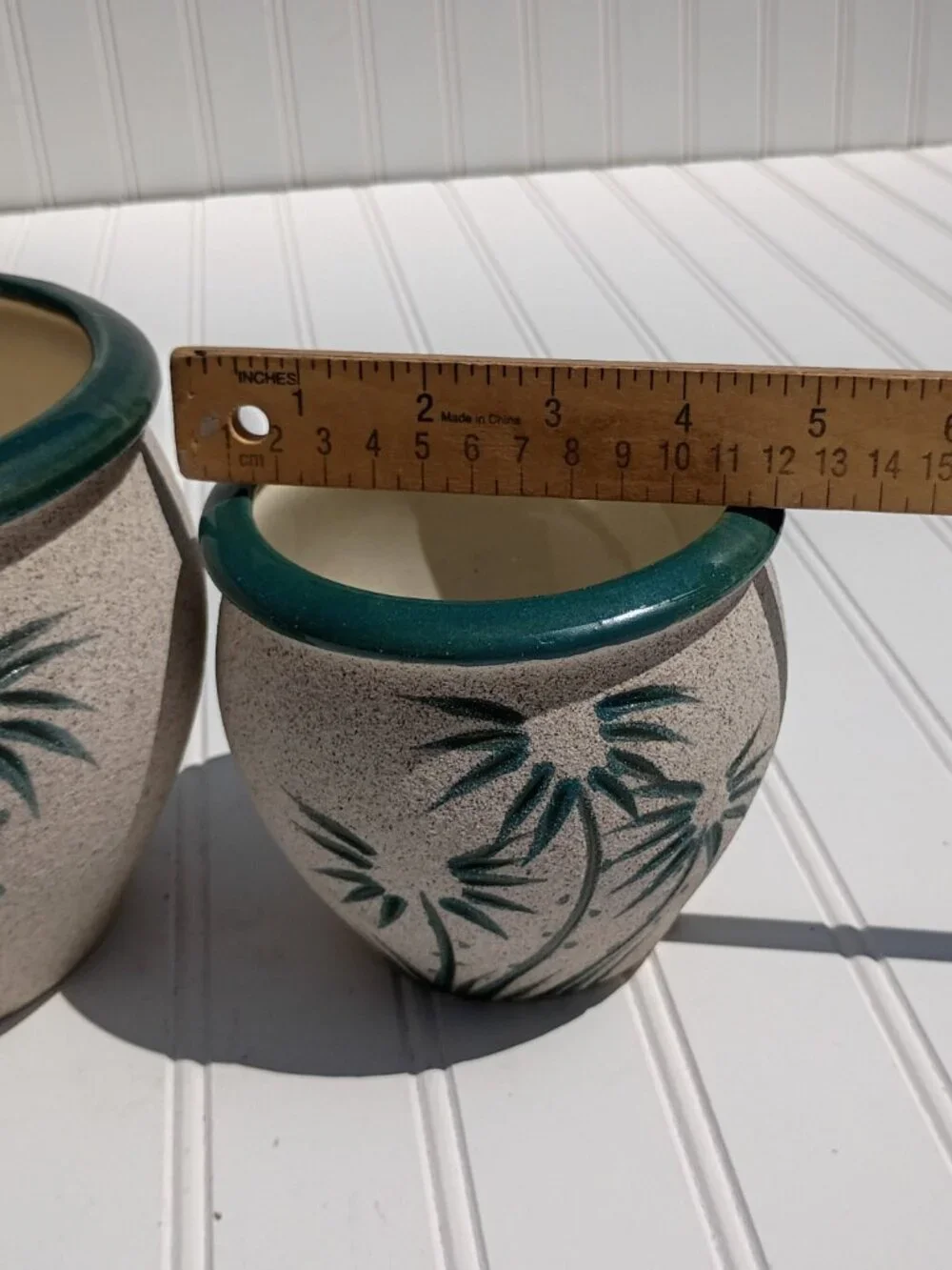 Vintage Pair of Pottery Planters Palm Tree Sandstone Glazed Ceramic Flower Pots